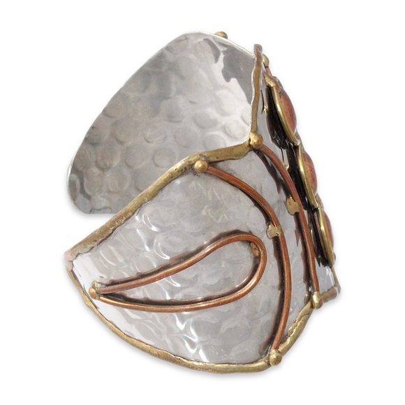 Brutalist Mixed Metal Cuff Bracelet Brass, Copper, Silver Tone Large Statement - Picture 3 of 4